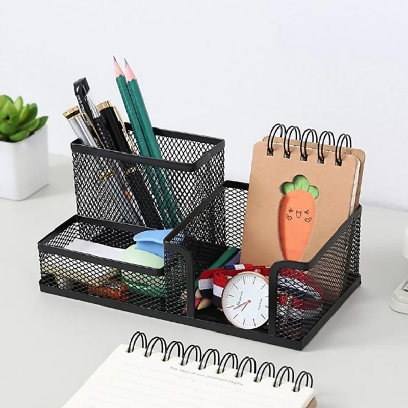 Three Compartment Pen Holder Storage Box Iron Desktop Organizer for Office, Student, and Stationery Storage - Image 4