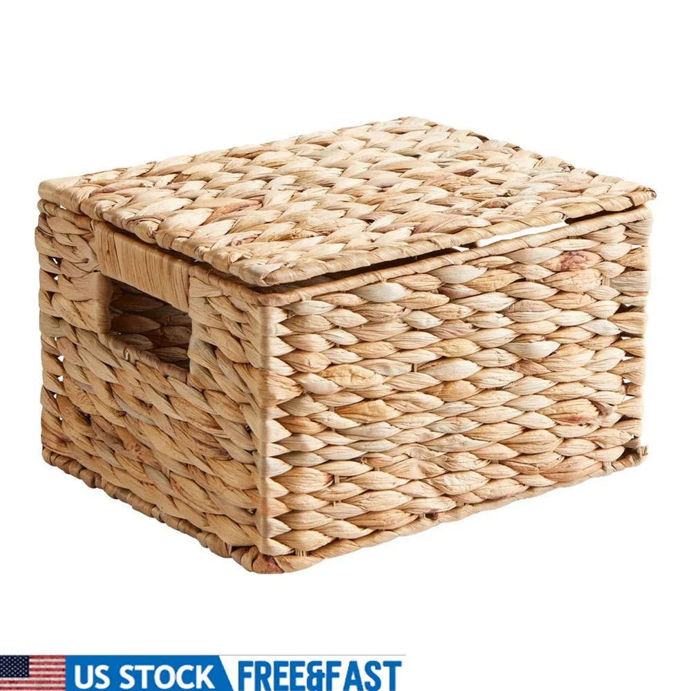kf-Scba0dd9d849241f58326df4b75d6a2c4h Natural Hyacinth Basket with Lid Handmade Woven Storage Organizer Decorative Basket for Home Bathroom Nursery - Image 1