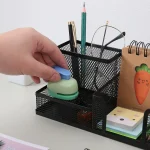 Three Compartment Pen Holder Storage Box Iron Desktop Organizer for Office, Student, and Stationery Storage - Image 2