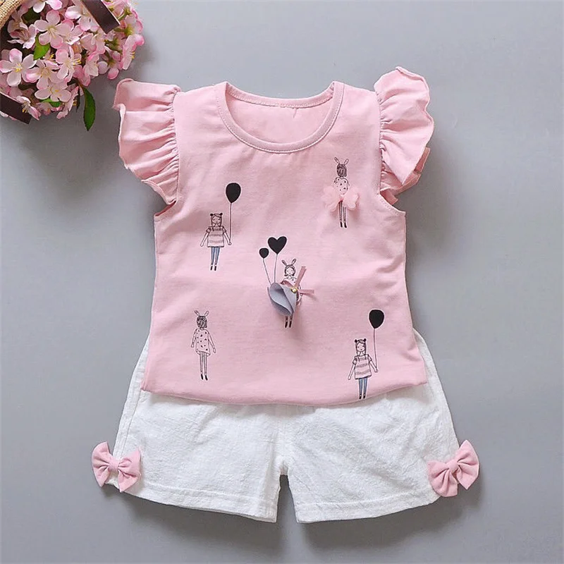 kf-Se8a67efe873d4d83b8af1a9709719decl Summer Two Piece Girl Clothes Set Baby Outfit Ruffle Short Sleeve T-shirt Pant 2Pcs Suit Lovely Bow Children Casual Costume A515 - Image 1