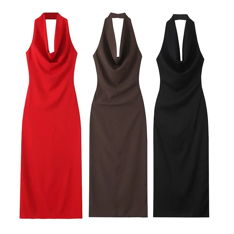 kf-S7ee61bf9b8c9480cb9a000f915328d45W 2025 Women’s Halter Neck Midi Dress – Solid Color Sleeveless Backless Slim Fit Dress - Image 1